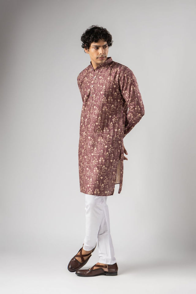 Mens Brown Floral Printed Silk Blend Kurta Set (ACA9982)
