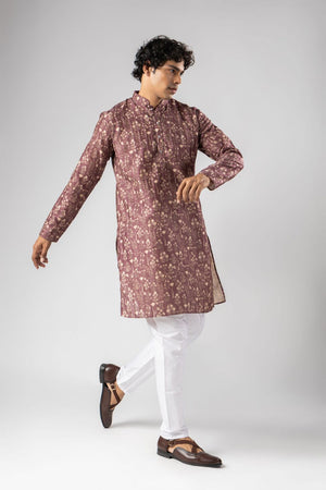 Mens Brown Floral Printed Silk Blend Kurta Set (ACA9982)