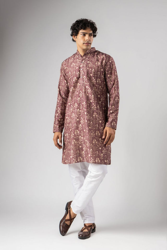 Mens Brown Floral Printed Silk Blend Kurta Set (ACA9982)