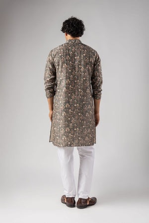 Mens Grey Floral Printed Silk Blend Kurta Set (ACA9983)