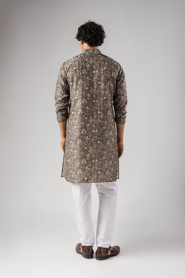Mens Grey Floral Printed Silk Blend Kurta Set (ACA9983)