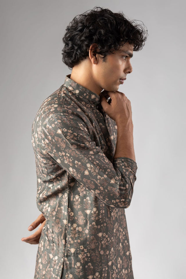 Mens Grey Floral Printed Silk Blend Kurta Set (ACA9983)