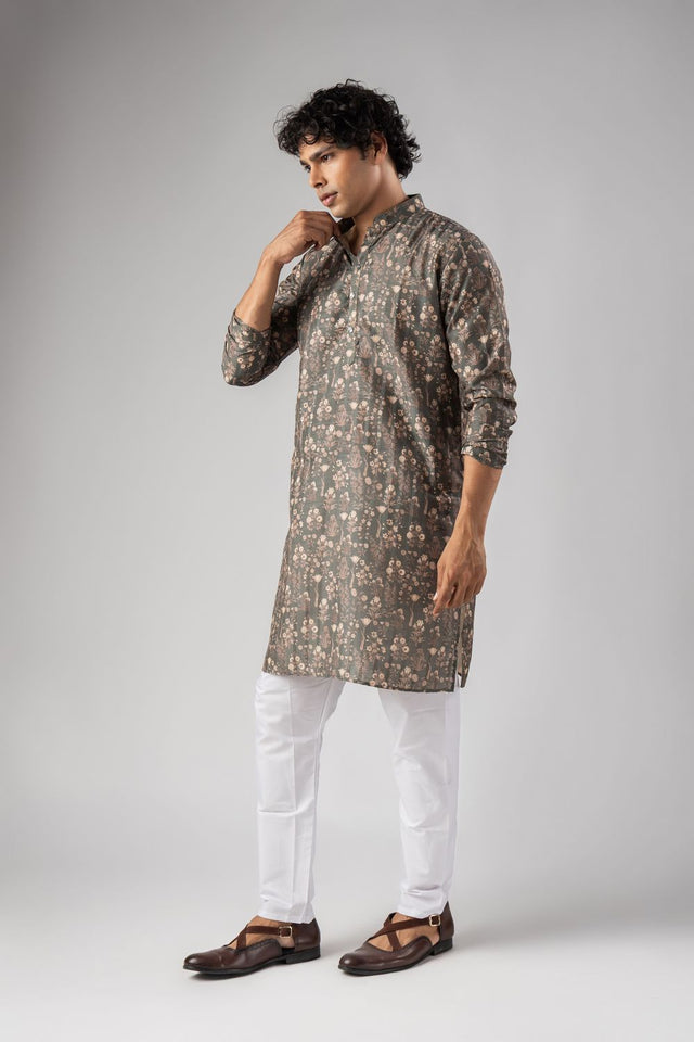 Mens Grey Floral Printed Silk Blend Kurta Set (ACA9983)