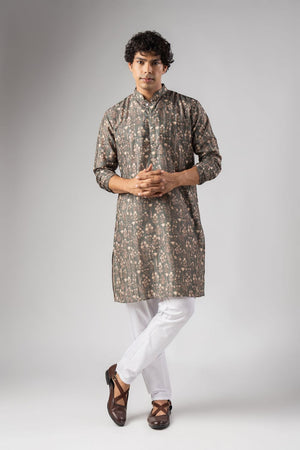 Mens Grey Floral Printed Silk Blend Kurta Set (ACA9983)