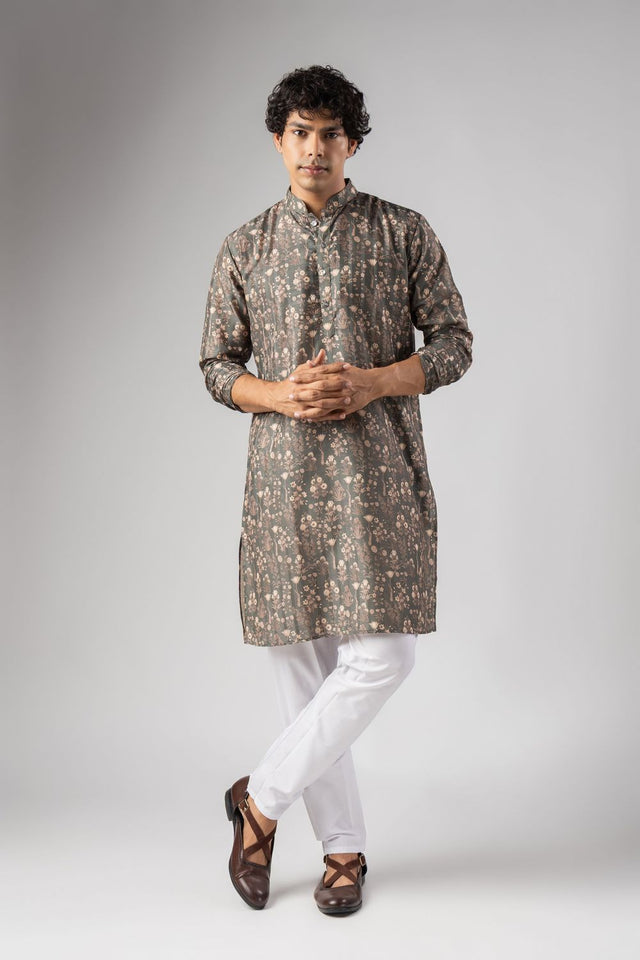 Mens Grey Floral Printed Silk Blend Kurta Set (ACA9983)