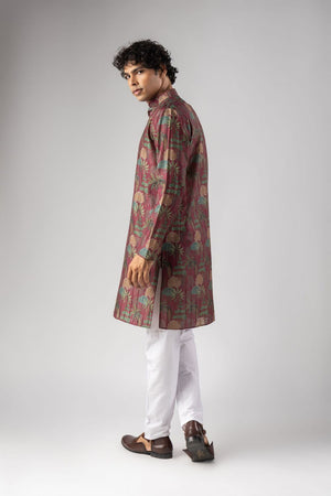 Mens Red Floral Printed Silk Blend Kurta Set (ACA9984)