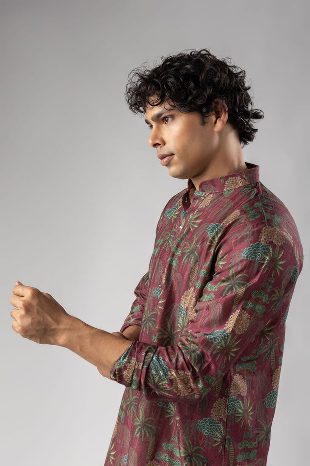 Mens Red Floral Printed Silk Blend Kurta Set (ACA9984)