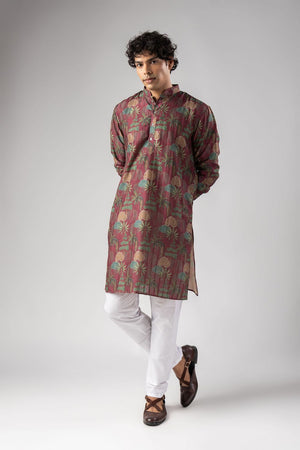 Mens Red Floral Printed Silk Blend Kurta Set (ACA9984)