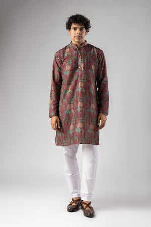 Mens Red Floral Printed Silk Blend Kurta Set (ACA9984)