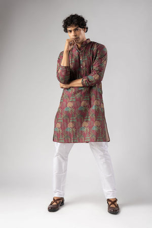Mens Red Floral Printed Silk Blend Kurta Set (ACA9984)