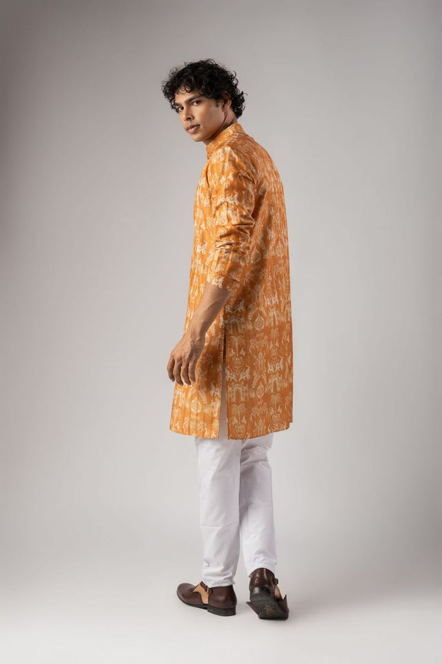Mens Orange Floral Printed Silk Blend Kurta Set (ACA9985)