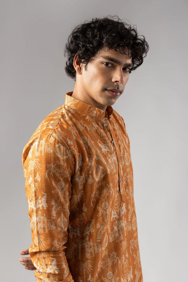 Mens Orange Floral Printed Silk Blend Kurta Set (ACA9985)