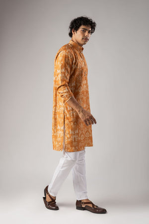 Mens Orange Floral Printed Silk Blend Kurta Set (ACA9985)