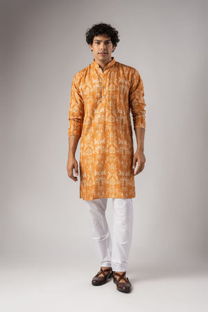 Mens Orange Floral Printed Silk Blend Kurta Set (ACA9985)