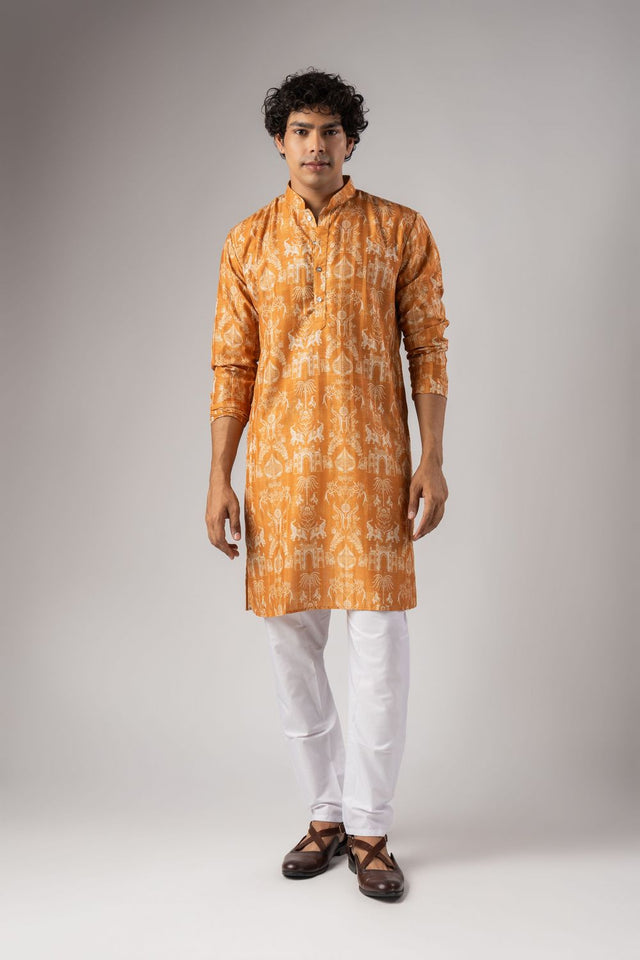 Mens Orange Floral Printed Silk Blend Kurta Set (ACA9985)