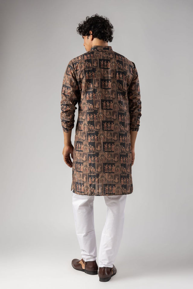 Mens Black Printed Silk Blend Kurta Set (ACA9986)