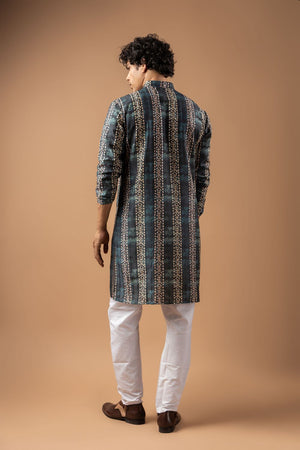 Mens Blue Printed Silk Blend Kurta Set (ACA9987)