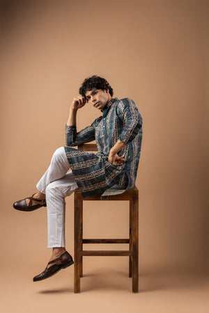Mens Blue Printed Silk Blend Kurta Set (ACA9987)