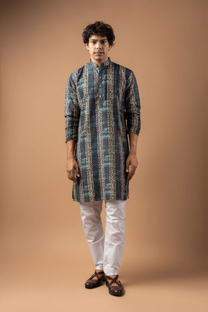 Mens Blue Printed Silk Blend Kurta Set (ACA9987)