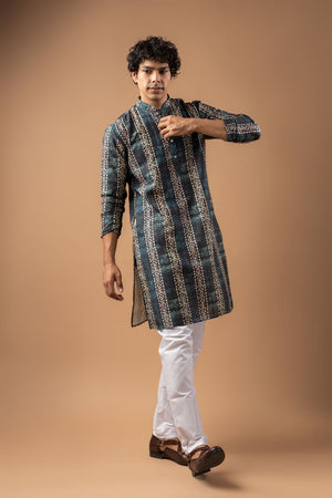 Mens Blue Printed Silk Blend Kurta Set (ACA9987)
