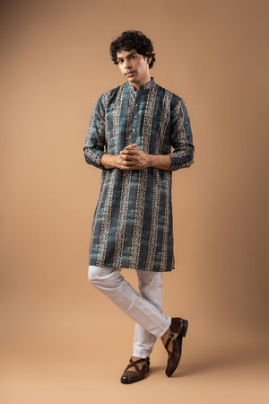 Mens Blue Printed Silk Blend Kurta Set (ACA9987)