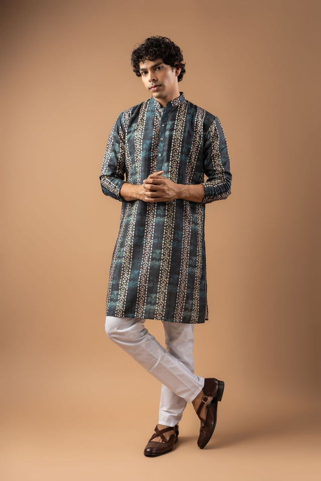 Mens Blue Printed Silk Blend Kurta Set (ACA9987)
