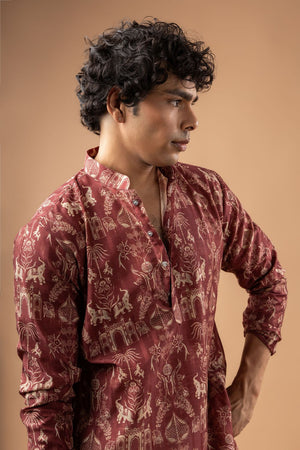 Mens Wine Printed Silk Blend Kurta Set (ACA9988)