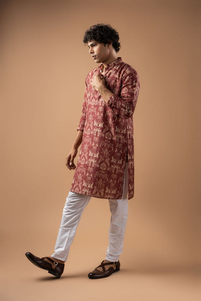 Mens Wine Printed Silk Blend Kurta Set (ACA9988)