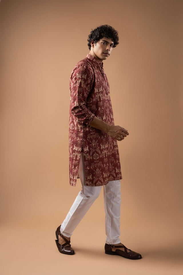 Mens Wine Printed Silk Blend Kurta Set (ACA9988)