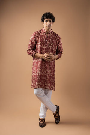 Mens Wine Printed Silk Blend Kurta Set (ACA9988)