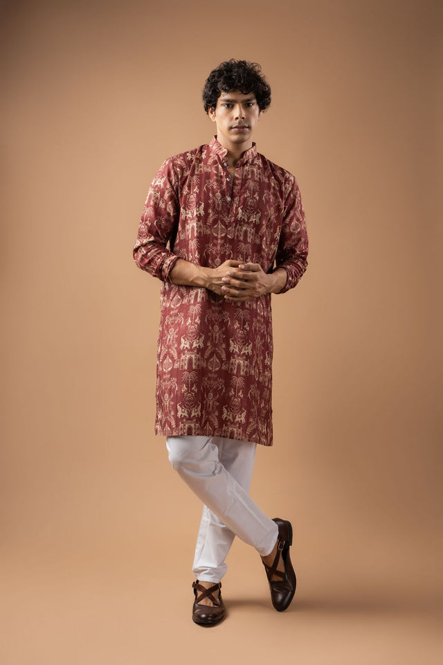 Mens Wine Printed Silk Blend Kurta Set (ACA9988)
