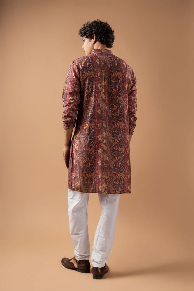 Mens Brown Printed Silk Blend Kurta Set (ACA9989)