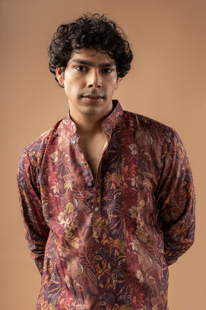 Mens Brown Printed Silk Blend Kurta Set (ACA9989)