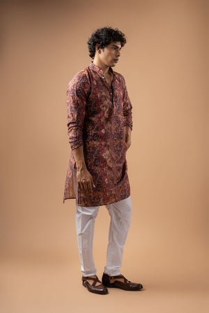 Mens Brown Printed Silk Blend Kurta Set (ACA9989)