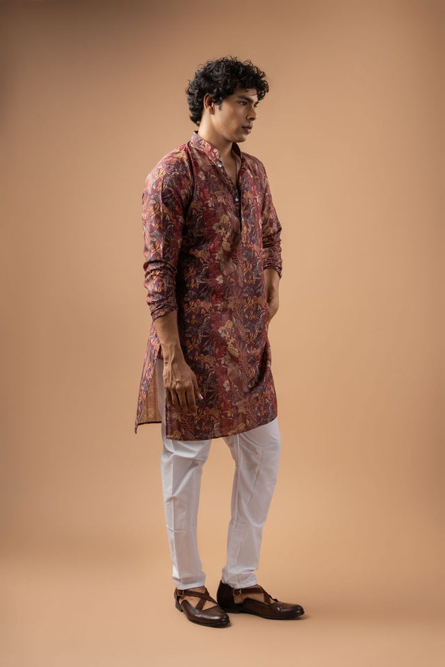 Mens Brown Printed Silk Blend Kurta Set (ACA9989)