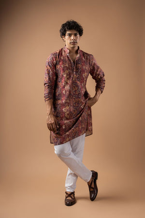 Mens Brown Printed Silk Blend Kurta Set (ACA9989)