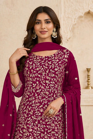 Magenta Floral Embroidered Georgette Straight Cut Suit (ACA9990)