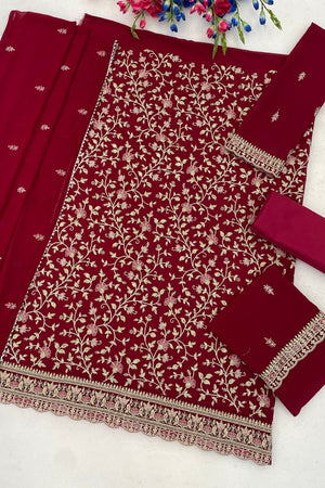 Magenta Floral Embroidered Georgette Straight Cut Suit (ACA9990)