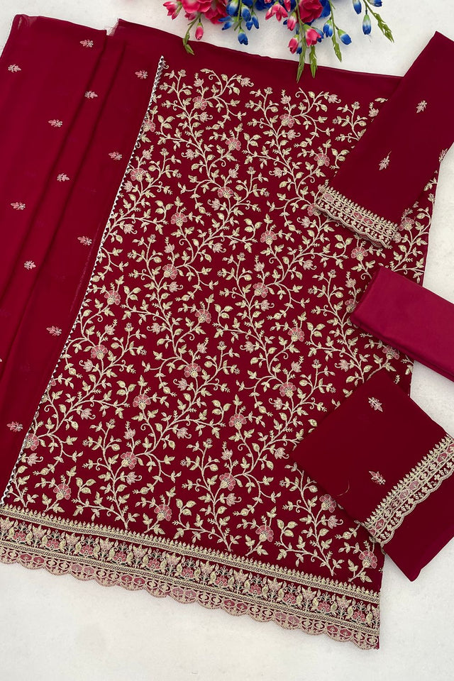 Magenta Floral Embroidered Georgette Straight Cut Suit (ACA9990)