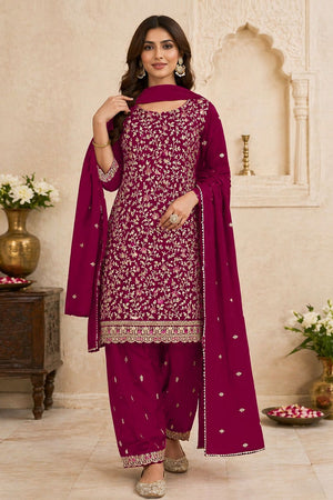 Magenta Floral Embroidered Georgette Straight Cut Suit (ACA9990)