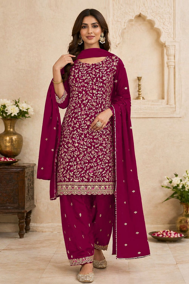 Magenta Floral Embroidered Georgette Straight Cut Suit (ACA9990)
