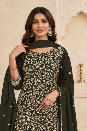 Olive Green Floral Embroidered Georgette Straight Cut Suit (ACA9991)
