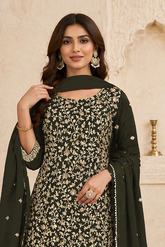 Olive Green Floral Embroidered Georgette Straight Cut Suit (ACA9991)
