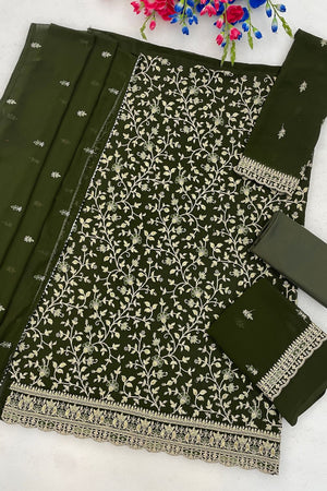 Olive Green Floral Embroidered Georgette Straight Cut Suit (ACA9991)