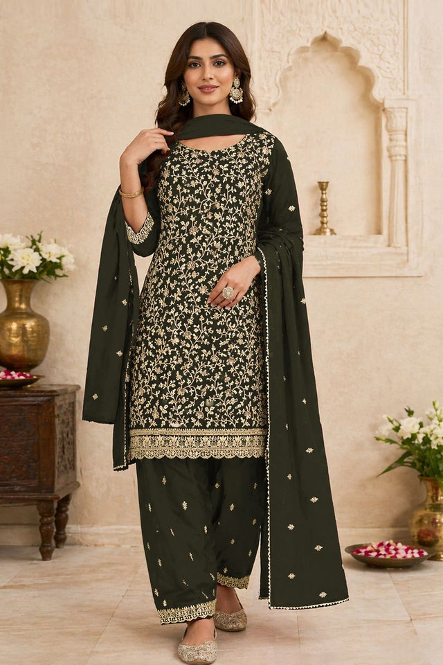 Olive Green Floral Embroidered Georgette Straight Cut Suit (ACA9991)