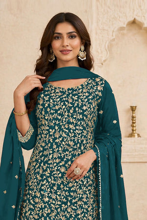 Turquoise Floral Embroidered Georgette Straight Cut Suit (ACA9992)