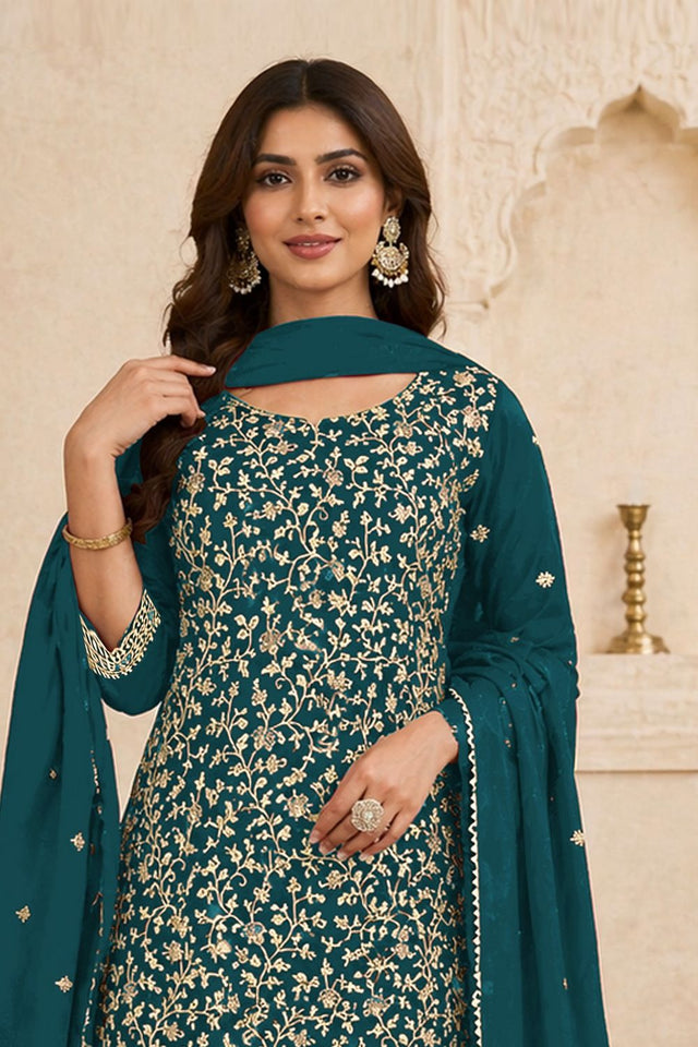 Turquoise Floral Embroidered Georgette Straight Cut Suit (ACA9992)