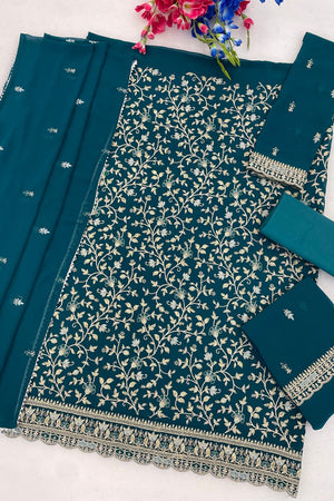 Turquoise Floral Embroidered Georgette Straight Cut Suit (ACA9992)
