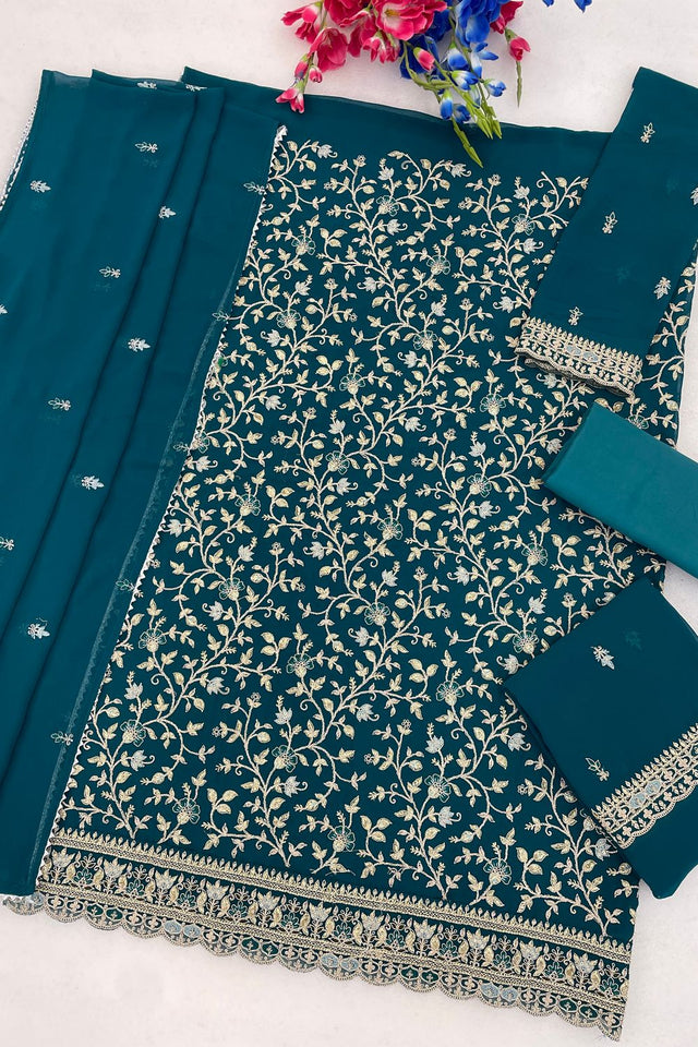 Turquoise Floral Embroidered Georgette Straight Cut Suit (ACA9992)