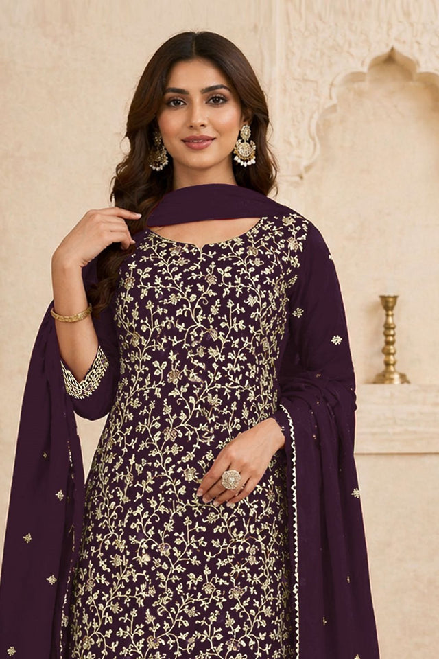 Purple Floral Embroidered Georgette Straight Cut Suit (ACA9993)